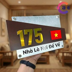 Alternative view of Biển số nhà có lá cờ Việt Nam. Nền Alcorest Vân đá trắng + Nâu, Số nổi 5mm + khắc lazer nội dung BSNALU201