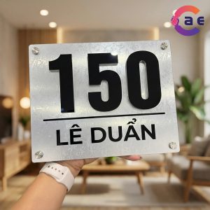 Alternative view of Biển số nhà ngoài trời nền Alu vân đá bạc kết hợp Đen gương. Số nổi 3D + khắc lazer nội dung BSNALU301
