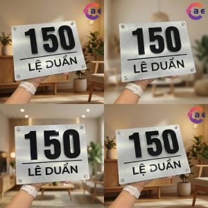 Biển số nhà ngoài trời nền Alu vân đá bạc kết hợp Đen gương. Số nổi 3D + khắc lazer nội dung BSNALU301