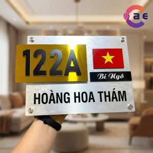 Biển Số Nhà. Mẫu nền Alu vân đá bạc, Vàng gương BSN002