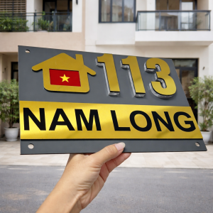 Bảng, Biển Số Nhà Alu Xám Lông Chuột Chữ Nổi 10mm Họa Tiết Ngôi Nhà + Lá Cờ Việt Nam_BSN109 |ACE DECOR